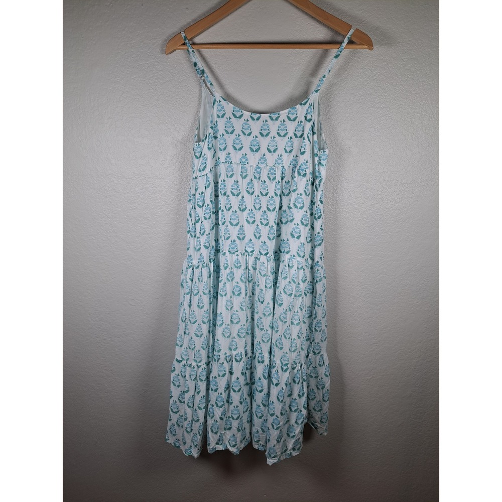 J. Marie Floral Block Print Tiered Midi Dress Blue White XS Sleeveless Boho